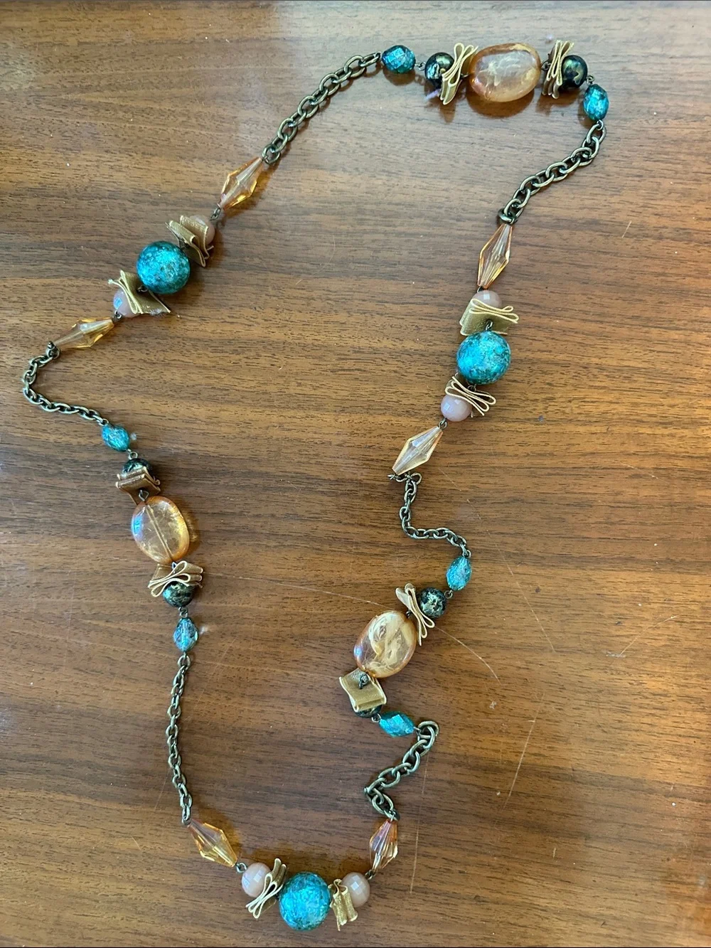 Boho Long Beaded Statement Mixed Media Necklace -Green, Gold & Turquoise